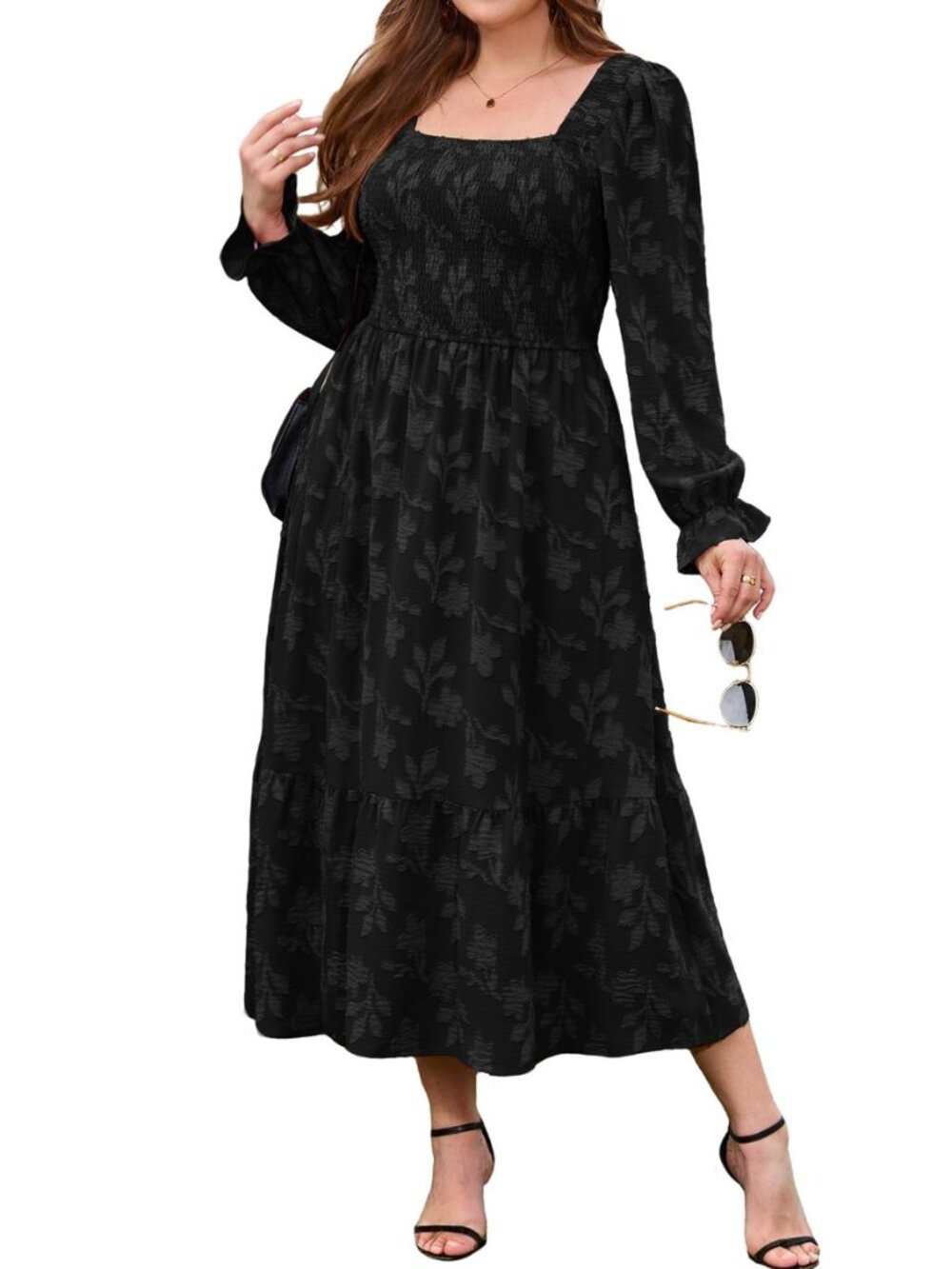 Women's Plus Size Fall Wedding Guest Smocked Boho Floral Maxi Dress